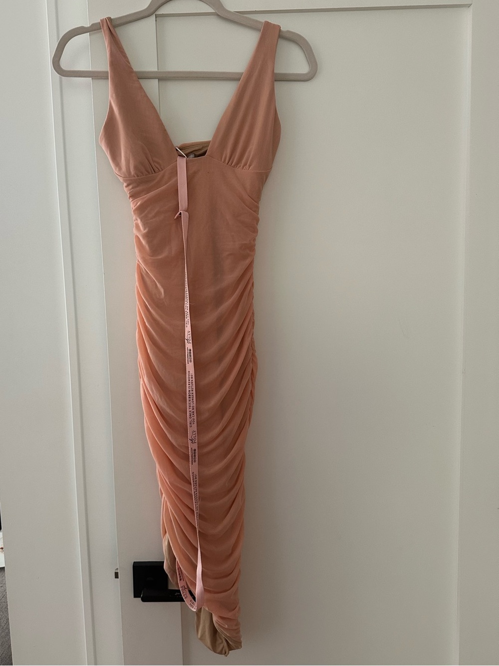 NWT Oh Polly White Mesh Ruched Bodycon Mini Dress Strappy Sleeveless Peach US 2